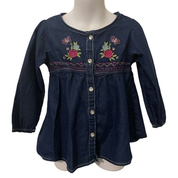 Real Love Girls Button Front Jean Shirt Size 4T Embroidered Flowers Long Sleeve - Picture 2 of 9